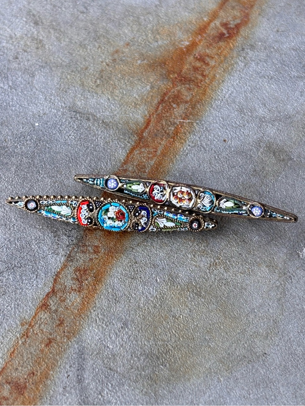 Vintage Italian Micro Mosaic Brooch Pair Floral Millefiori Art Pins Cottagecore
